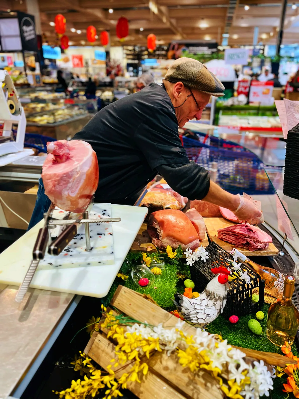 Animation de découpe de jambon à l'os au rayon coupe